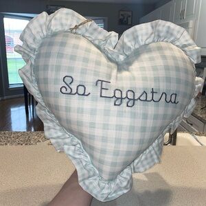 Valerie & Amelia Heart-Shaped Ruffled Pillow "So Eggstra" in Light Blue Gingham